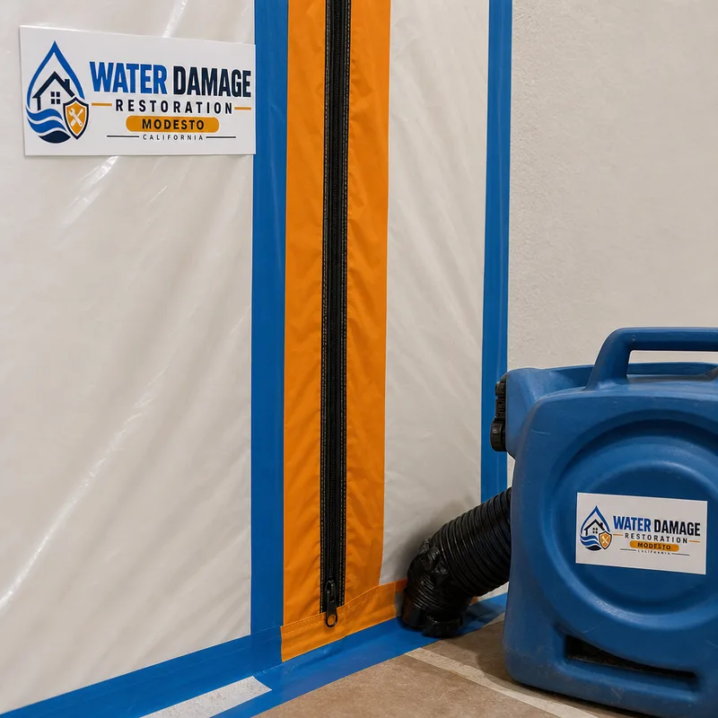 Properly taped containment seam, zipper doorway, and HEPA air scrubber ducting