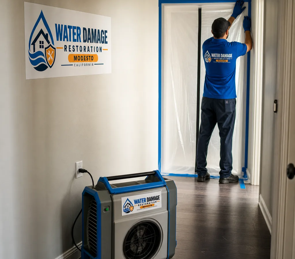Technician in PPE working at a contained residential doorway with plastic sheeting and a HEPA air scrubber