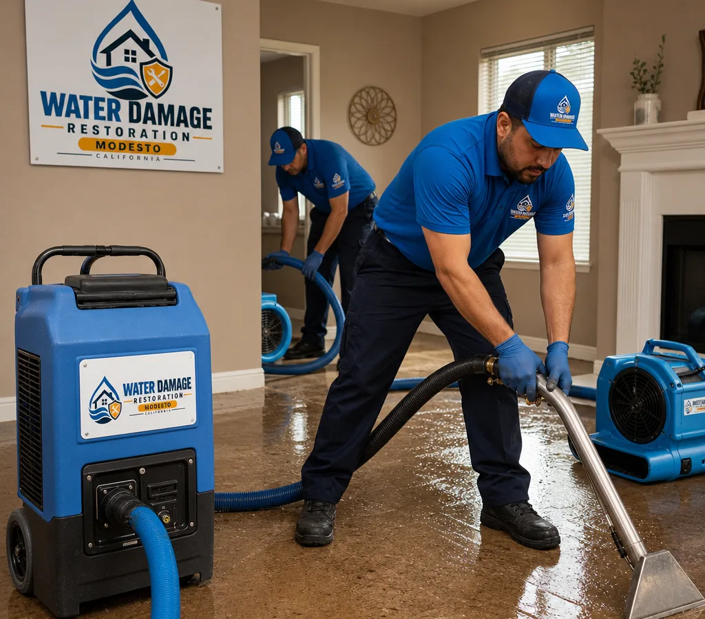 Technicians extracting water from a residential room in Modesto with air movers staged for drying