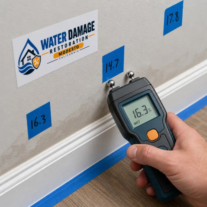 Moisture meter reading on drywall near a baseboard with tape markings showing moisture-map points