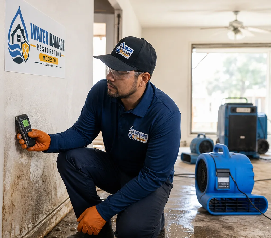 Technician assessing water damage in a Modesto home with a moisture meter, protective gear, and air movers staged in the background