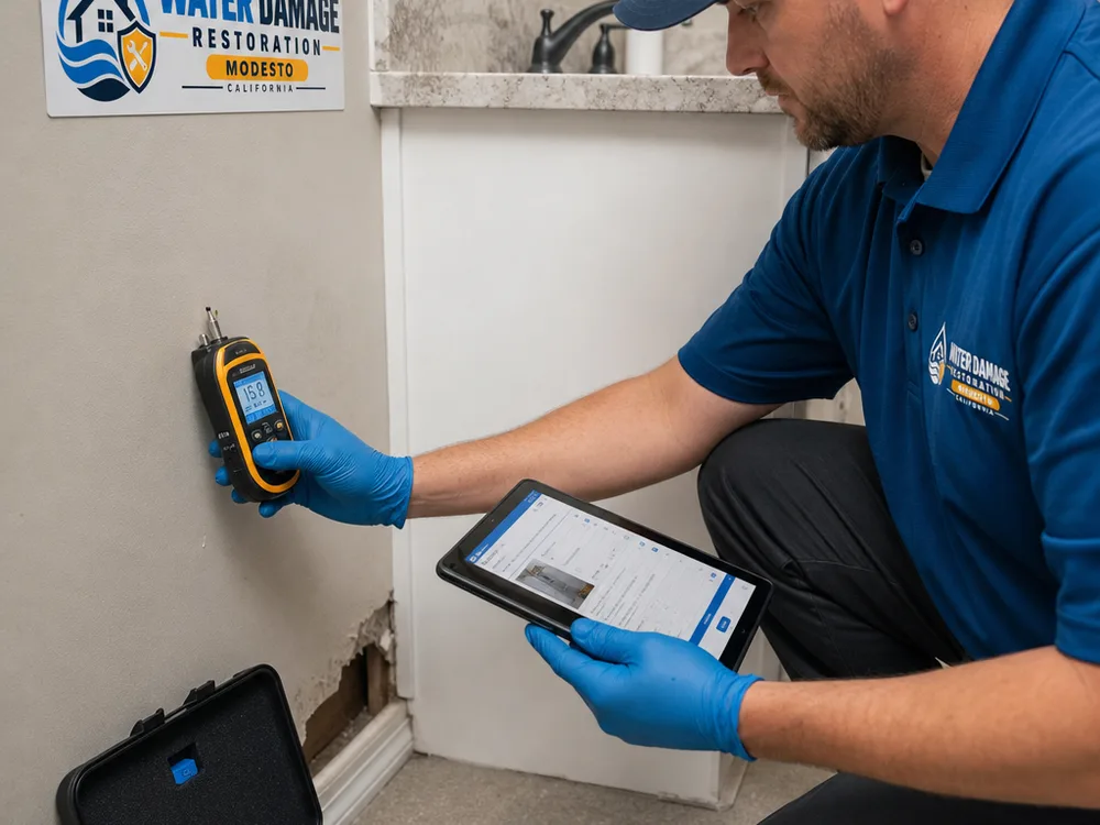 Inspector taking a wall moisture reading near a bathroom vanity and documenting results on a tablet with sampling equipment nearby