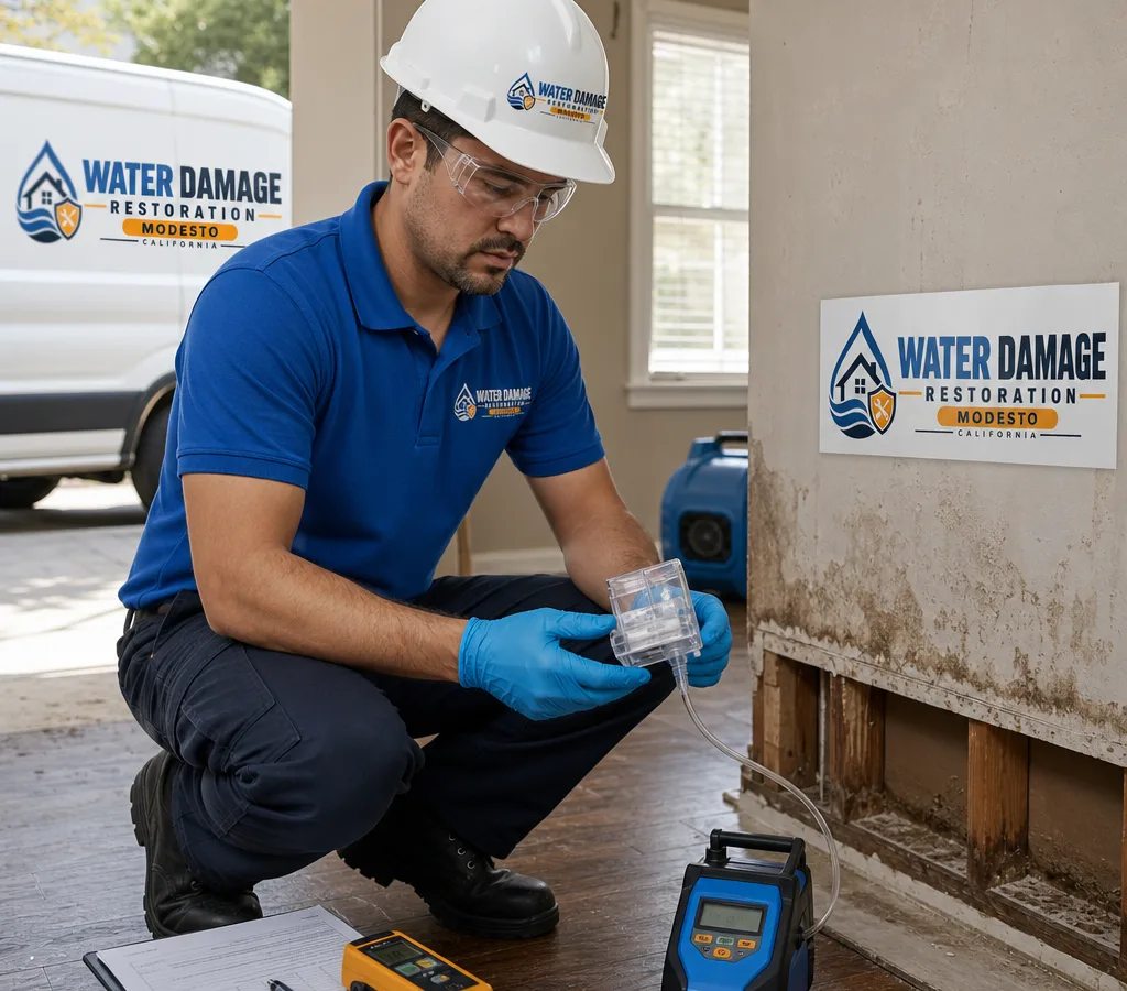 Inspector in PPE collecting an indoor air sample in a Modesto home using a calibrated pump and spore trap cassette