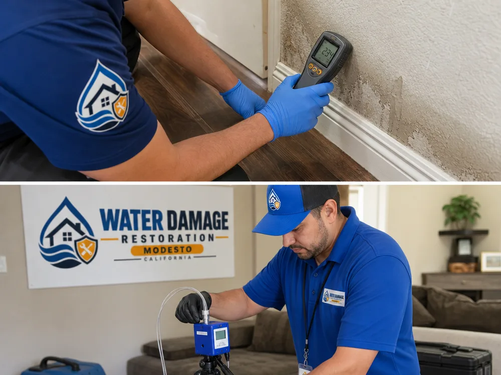 Technician checking drywall with a moisture meter and setting up an indoor air sampling pump in a living room