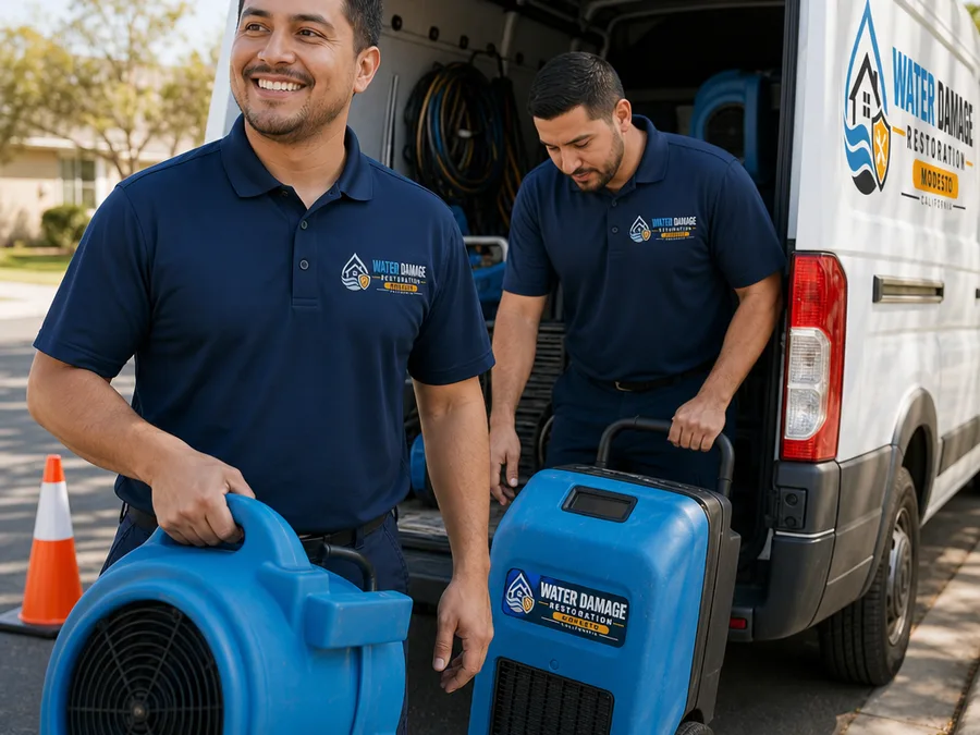 Two restoration technicians loading air movers and a dehumidifier from a work van for a Modesto job
